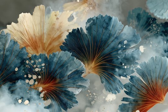 large-scale contemporary atmospheric abstraction with zero literal floral forms, inspired loosely by the motion and dispersal of monstera and oak plant, soft vaporous filament textured background