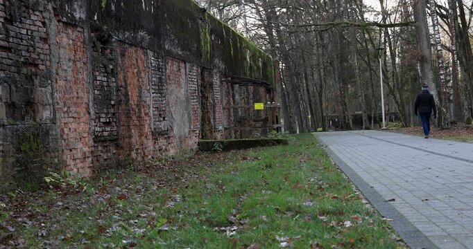 Wolfs Lair northern Poland bunker path walking. North east Poland. Headquarters for Adolf Hitler and his Generals during the attack on Russia. Hitler lived here over 800 days. Concrete fortress.