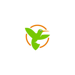Green hummingbird flying inside an orange circle logo design.