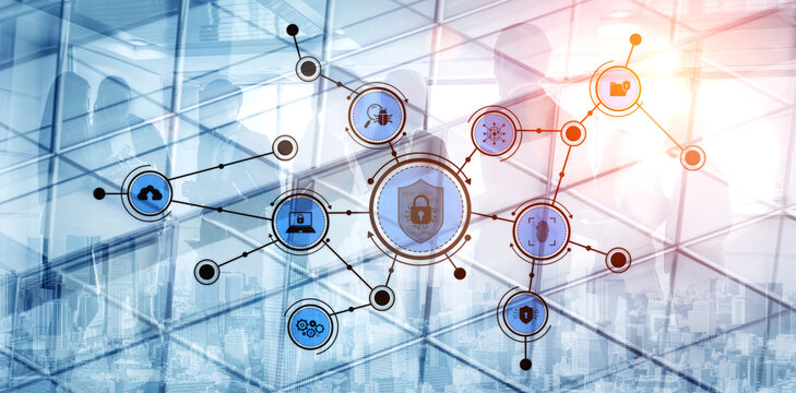 A dynamic representation of network security featuring digital icons for data protection and cybersecurity in an urban backdrop, illustrating modern technology concepts. Tessel