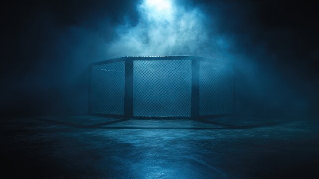 Stunning photo of empty Octagon Cage: A dramatic, moody image of an empty octagonal cage shrouded in blue fog, perfect for illustrating themes of competition, fighting.