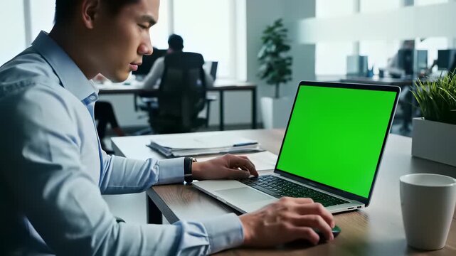 Man intensely focused on laptop with green screen in professional office setting, capturing the concept of short, sharp dolly shots that convey dedication and commitment to achieving goals in.