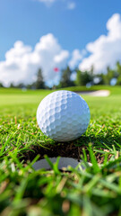 Obraz premium A white golf ball rests at the lip of the hole on a beautiful green.