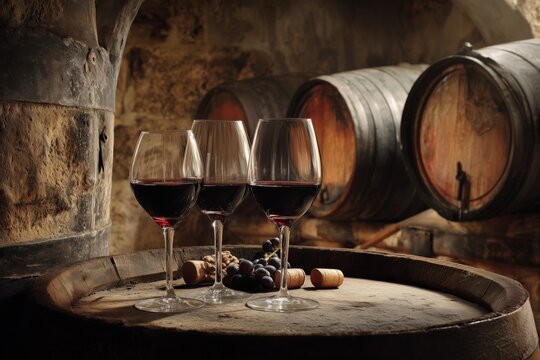 Enjoying Red Wine in a Rustic Wine Cellar With Wooden Barrels and Grapes - Powered by Adobe