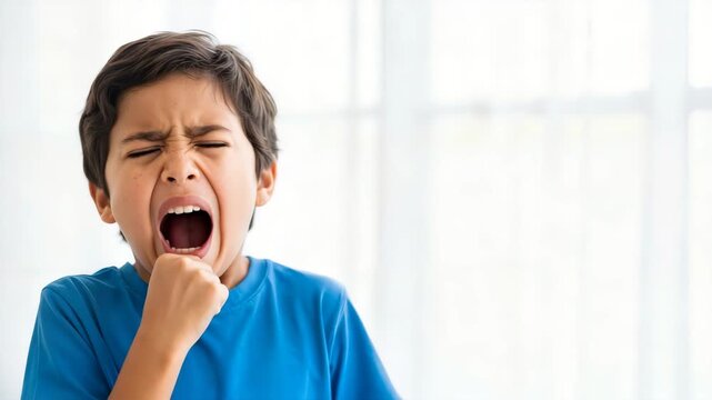 Portrait of a tired young boy yawning with mouth wide open. Sleepy child feeling exhausted or bored against a white background. Copy space for text