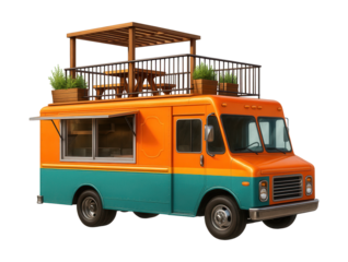 Food truck with a rooftop deck, railing, and seating area for guests.