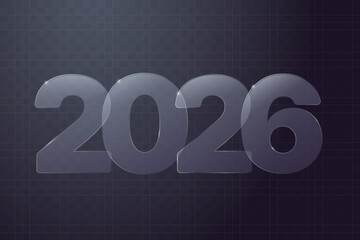 Transparent glass-morphism style number 2026 on a dark gradient background. Creative New Year sign. Ideal for banner, web design, poster. Vector illustration
