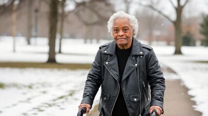 Senior African American woman walking with a walker in a snowy park. Elderly lady in a leather jacket staying active outdoors during winter. Independent aging and mobility concept