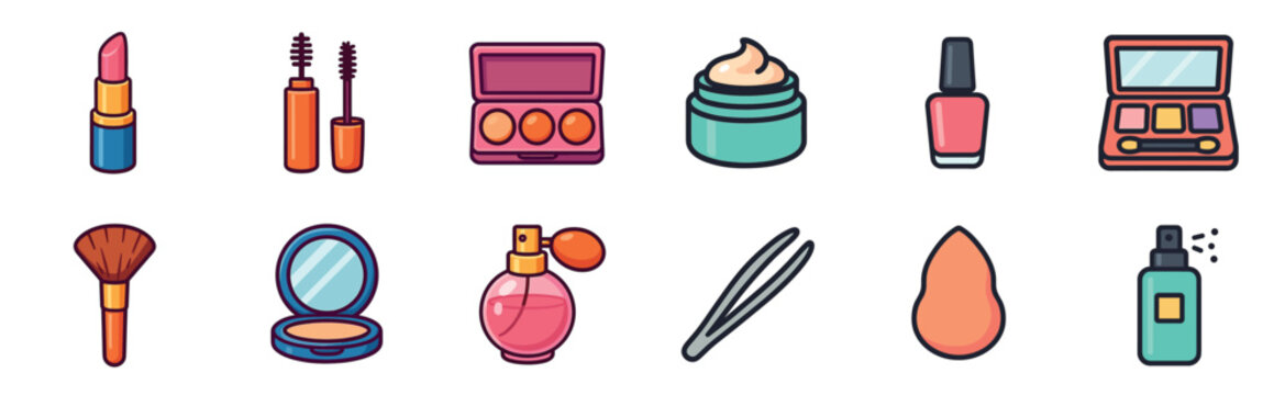 A set of colorful cosmetic and beauty icons including lipstick, mascara, eyeshadow, and perfume arranged in a collection, representing a flat vector illustration style for makeup concepts