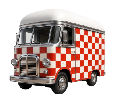 Retro diner-style food truck featuring a classic checkerboard design.