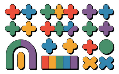 Naklejka premium Colorful geometric shapes pattern featuring crosses arches circles and rectangles on a white background
