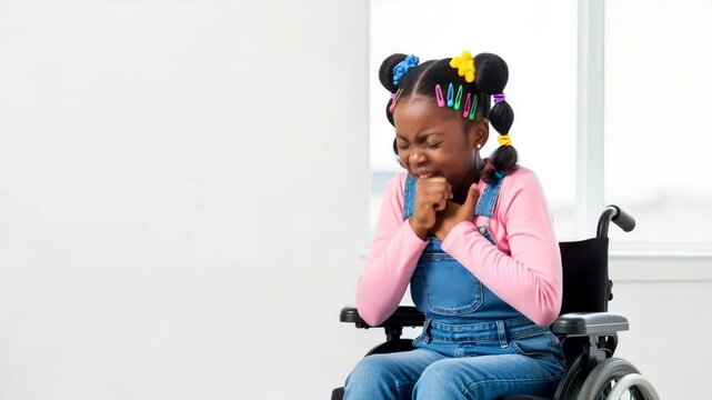 Sick African American girl in a wheelchair coughing and holding her chest. Child suffering from asthma or flu symptoms indoors with copy space
