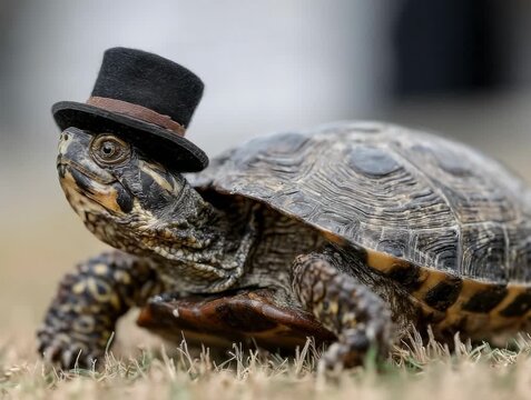 Turtle in a tiny top hat walks with charm on a sunny day in the park