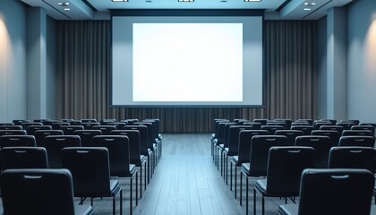 Empty conference room with rows of seats facing blank projector screen. Modern venue awaits speakers, attendees for business meeting presentation. Pro atmosphere for corporate events training