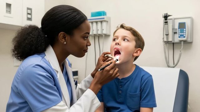 Female doctor examining a young boy's throat with a light and tongue depressor. Pediatrician performing a routine check-up on a child in a clinic. Medical healthcare concept