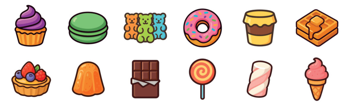A collection of colorful sweet food icons featuring a cupcake, donut, ice cream, and candy in a vibrant cartoon illustration style for graphic design elements