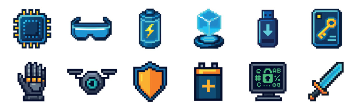 A collection of pixel art video game icons featuring a CPU, VR goggles, battery, drone, shield, and sword for a retro user interface or asset pack