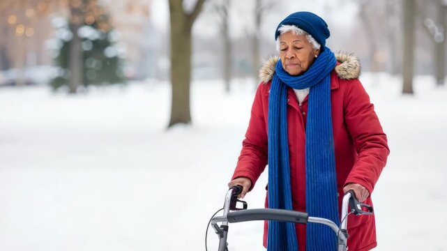 Senior African American woman walking with a walker in winter snow. Elderly lady in red coat using mobility aid in a park. Aging and independence concept