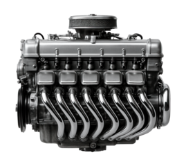 Inline-eight gasoline engine featuring exposed chrome exhaust headers.