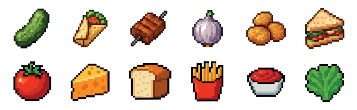 Naklejki A collection of pixel art food icons featuring a sandwich, kebab, fries, cheese, and vegetables in a retro 8-bit video game style for a digital menu or asset pack