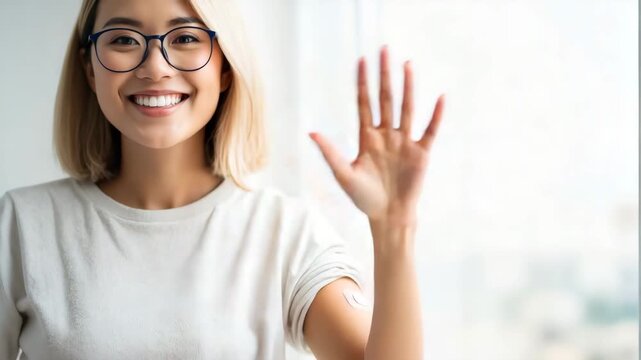 Young Asian woman adjusting bandage on arm and waving at camera. Happy patient smiling after vaccination injection. Healthcare concept with copy space