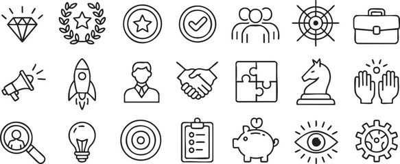 Collection of business icons presenting strategy success and teamwork