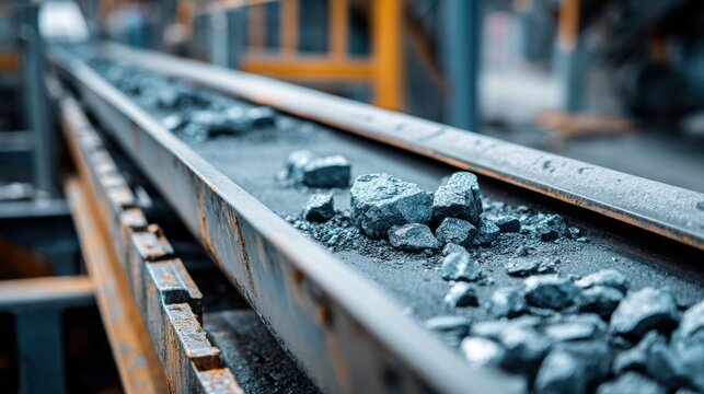 Stunning photo of industrial processing of rare earth elements. Precious metals extracted from ore. Material on conveyor belt. Mining industry. Extraction process. Sustainable.