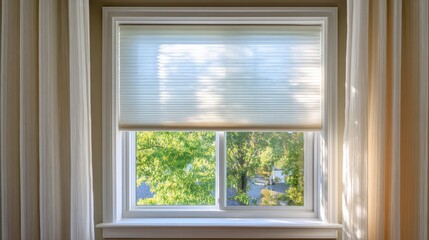 Stunning photo of interior window with energy-efficient cellular shades, featuring honeycomb design for superior thermal insulation and light control.