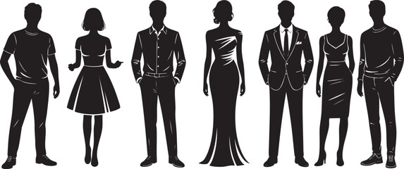 Collection of People Silhouettes Wearing Various Attire in Black Color