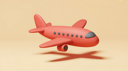 Red cartoon airplane flying with shadow on beige background 3d render