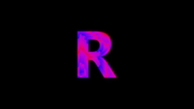 English alphabet R with colorful bokeh lights effect on plain black background