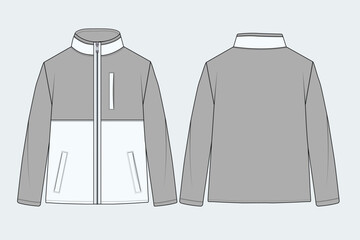 Men's sportswear track jacket front and back technical drawing.  Fashion flat sketch of color block windbreaker coat.  Activewear zipper jacket apparel design vector template. © Abdullah