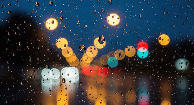 Rain Drops on Window with Colorful City Lights Bokeh at Night - Powered by Adobe