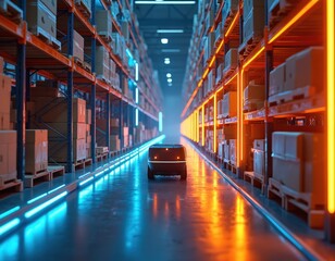 Small robot moves through futuristic warehouse with shelves stocked full of boxes. Bright blue and orange lights illuminate the aisle. Autonomous vehicle navigates modern storage facility.