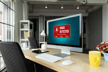 Virus warning alert on computer screen detected modish cyber threat , hacker, computer virus and malware