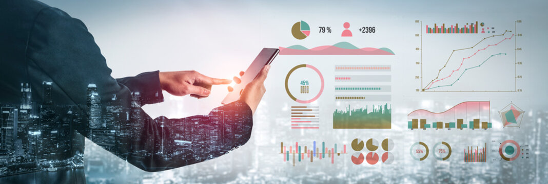 A professional individual interacts with a tablet device, analyzing essential data displayed through vibrant charts and graphs against an urban skyline. Impute