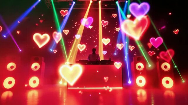Vibrant dj performance with colorful heart lights and laser effects. The 14th of February. Happy Valentine's Day