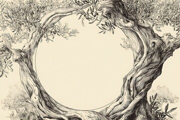 Vintage botanical illustration of gnarled olive trees creating a beautiful circular frame with ample copy space.