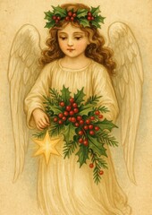 Fototapeta premium Vintage angel with holly wreath.