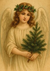 Fototapeta premium Vintage angel holding evergreen branch.