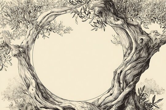Vintage botanical illustration of gnarled olive trees creating a beautiful circular frame with ample copy space.