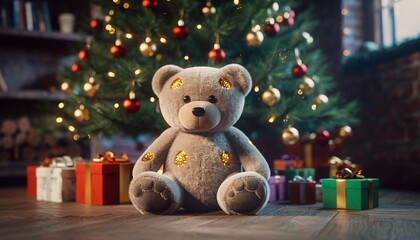 Adorable fluffy teddy bear sitting with presents under a decorated Christmas tree.