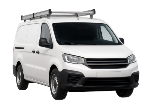 Compact white van featuring a roof ladder rack and side panel doors.
