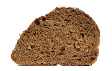 Integral dark bread slice with different seeds isolated on white background, side view