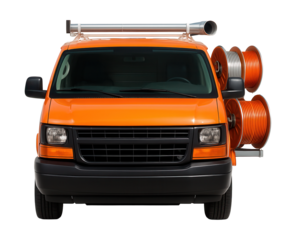 Vibrant work van with side cable reels and conduit storage.