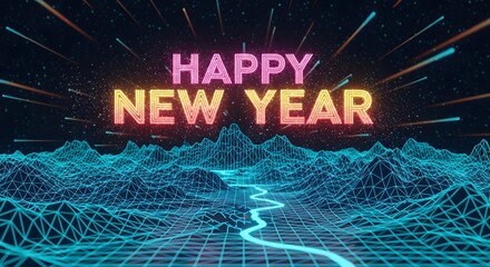 Happy new year retro neon text on abstract glowing digital grid