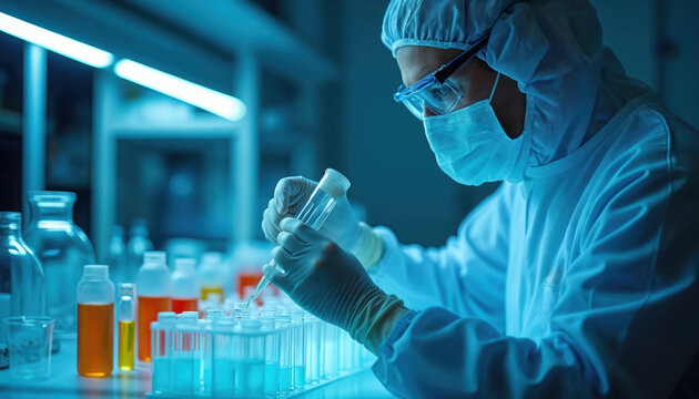 Scientist in protective gear pipettes fluid into test tubes. Research in sterile lab. Professional works on experiment, analyzes samples with care. High tech science in progress.