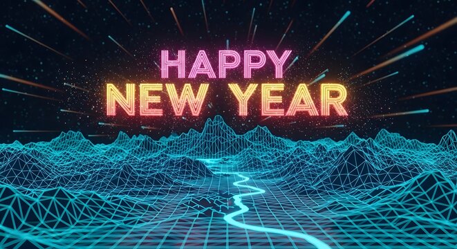 Happy new year retro neon text on abstract glowing digital grid