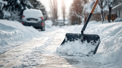 Stunning photo of snow shovel full of snow on a driveway in winter.