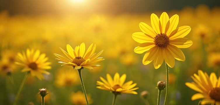 Bright yellow flowers bloom in sunlit field. Natural outdoor meadow scene with golden light. Summer wildflower plants vibrant. Arnica flowers grow freely in nature, showing natural beauty. Warm light